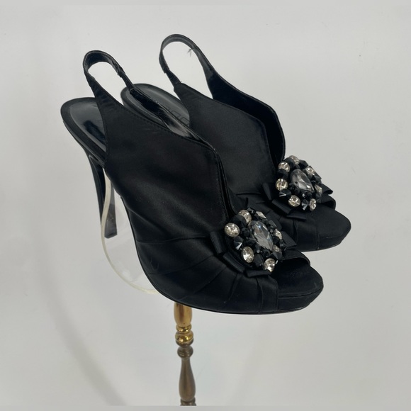 Moda Spana Shoes - Moda Spana Black Satin Peep Toe Slingback Heels With Rhinestone Embellishment